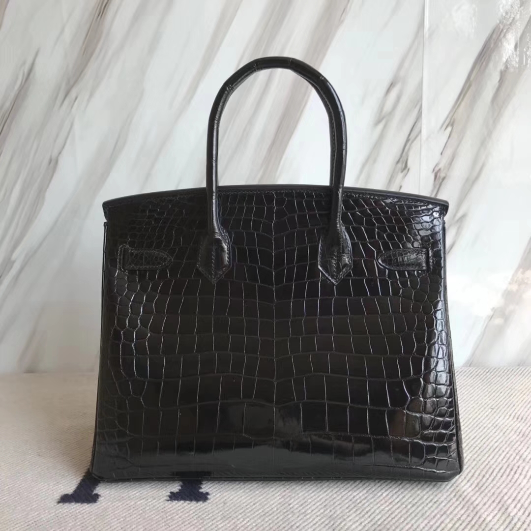 Noble Hermes CK89 Black Shiny Crocodile Birkin Bag30CM Gold Hardware