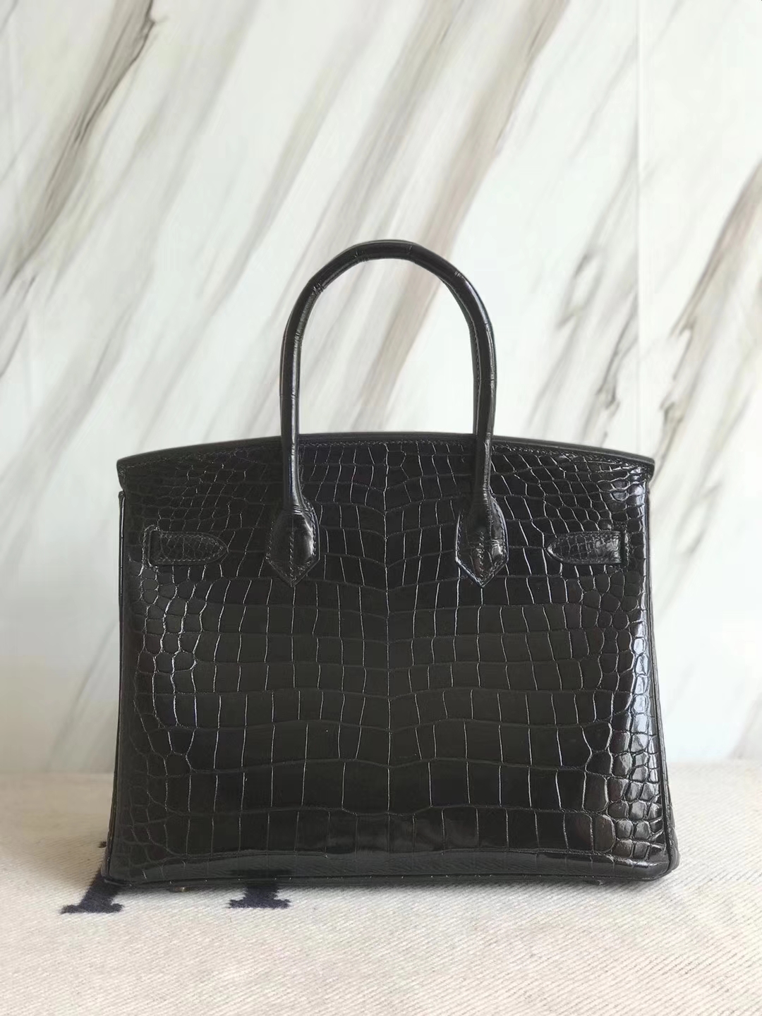 Noble Hermes CK89 Black Shiny Crocodile Birkin Bag30CM Gold Hardware