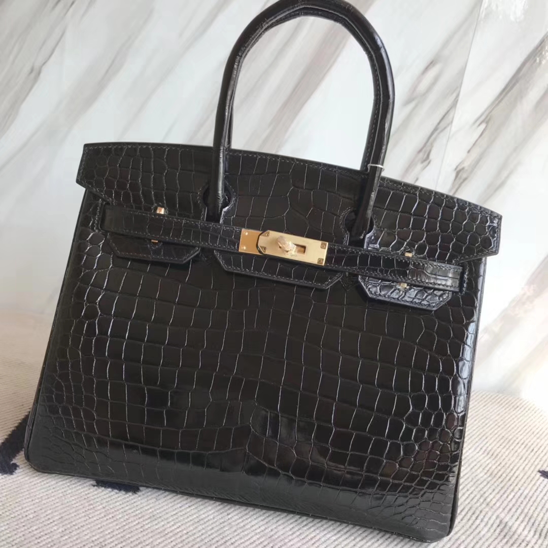 Noble Hermes CK89 Black Shiny Crocodile Birkin Bag30CM Gold Hardware