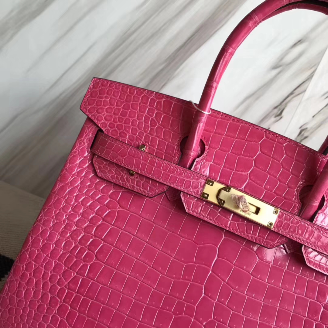 Beautiful Hermes Shiny Crocodile Leather Birkin30CM Bag in E5 Rose Tyrien Gold Hardware