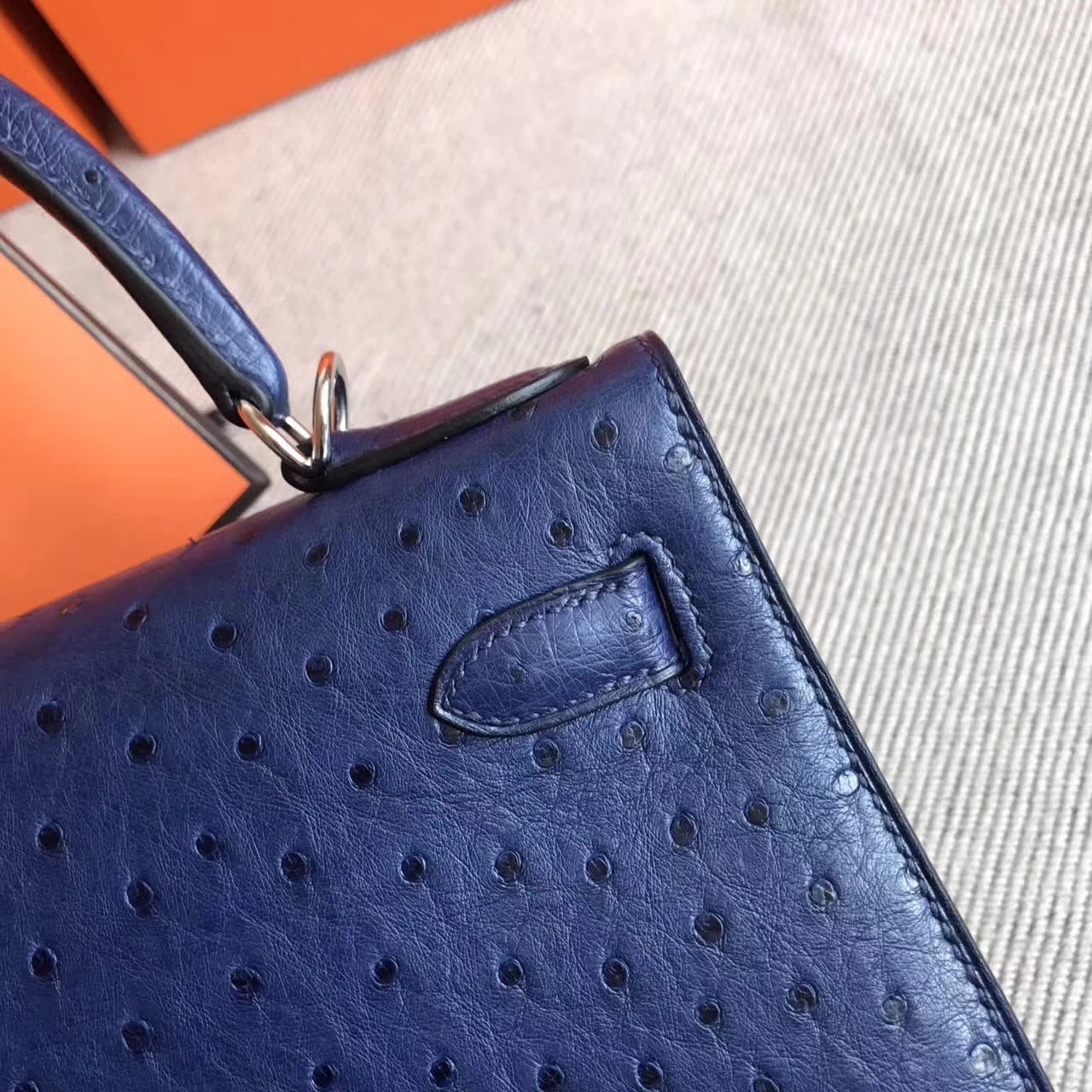 Hand Stitching Hermes 7K Dark Blue Ostrich Leather Kelly Tote Bag28cm