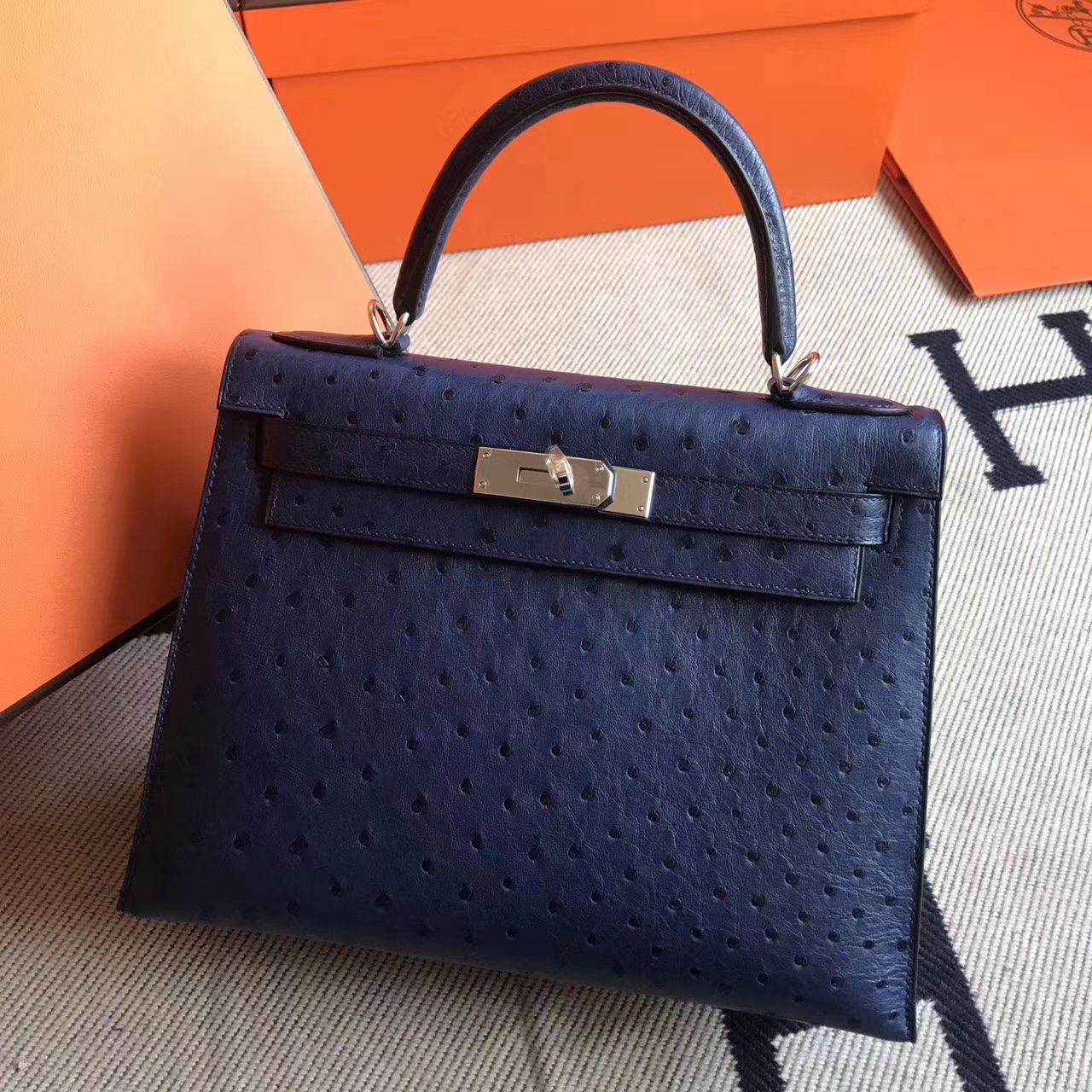 Hand Stitching Hermes 7K Dark Blue Ostrich Leather Kelly Tote Bag28cm