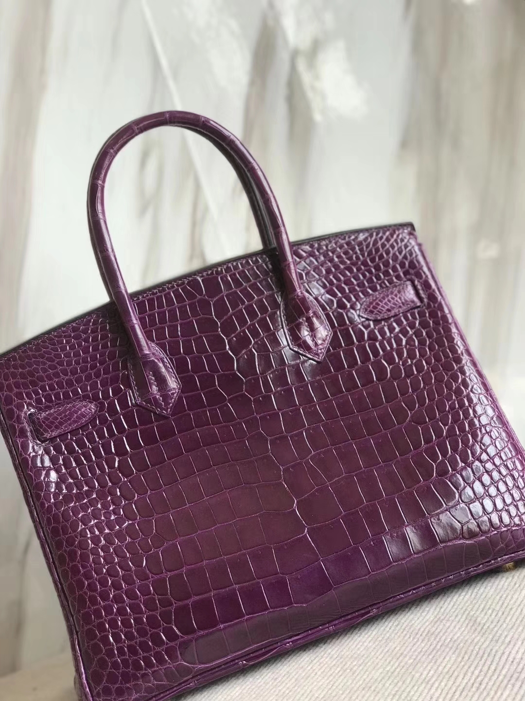 Luxury Hermes 9G Amethyst Purple Shiny Crocodile Leather Birkin30CM Bag Gold Hardware
