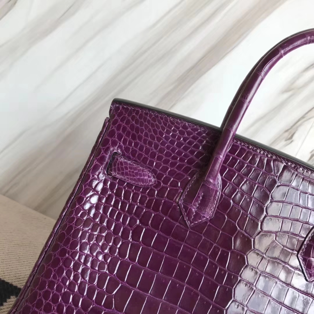 Luxury Hermes 9G Amethyst Purple Shiny Crocodile Leather Birkin30CM Bag Gold Hardware