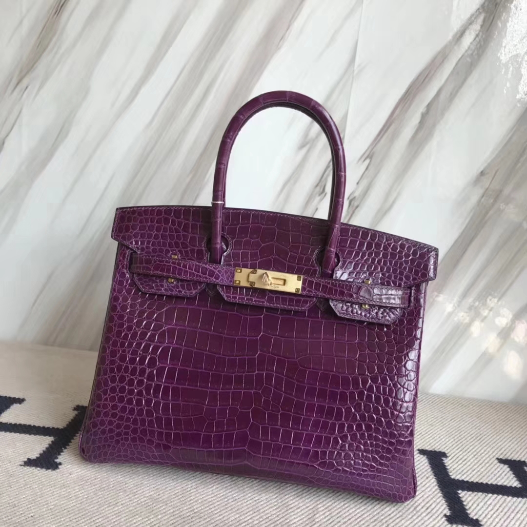 Luxury Hermes 9G Amethyst Purple Shiny Crocodile Leather Birkin30CM Bag Gold Hardware