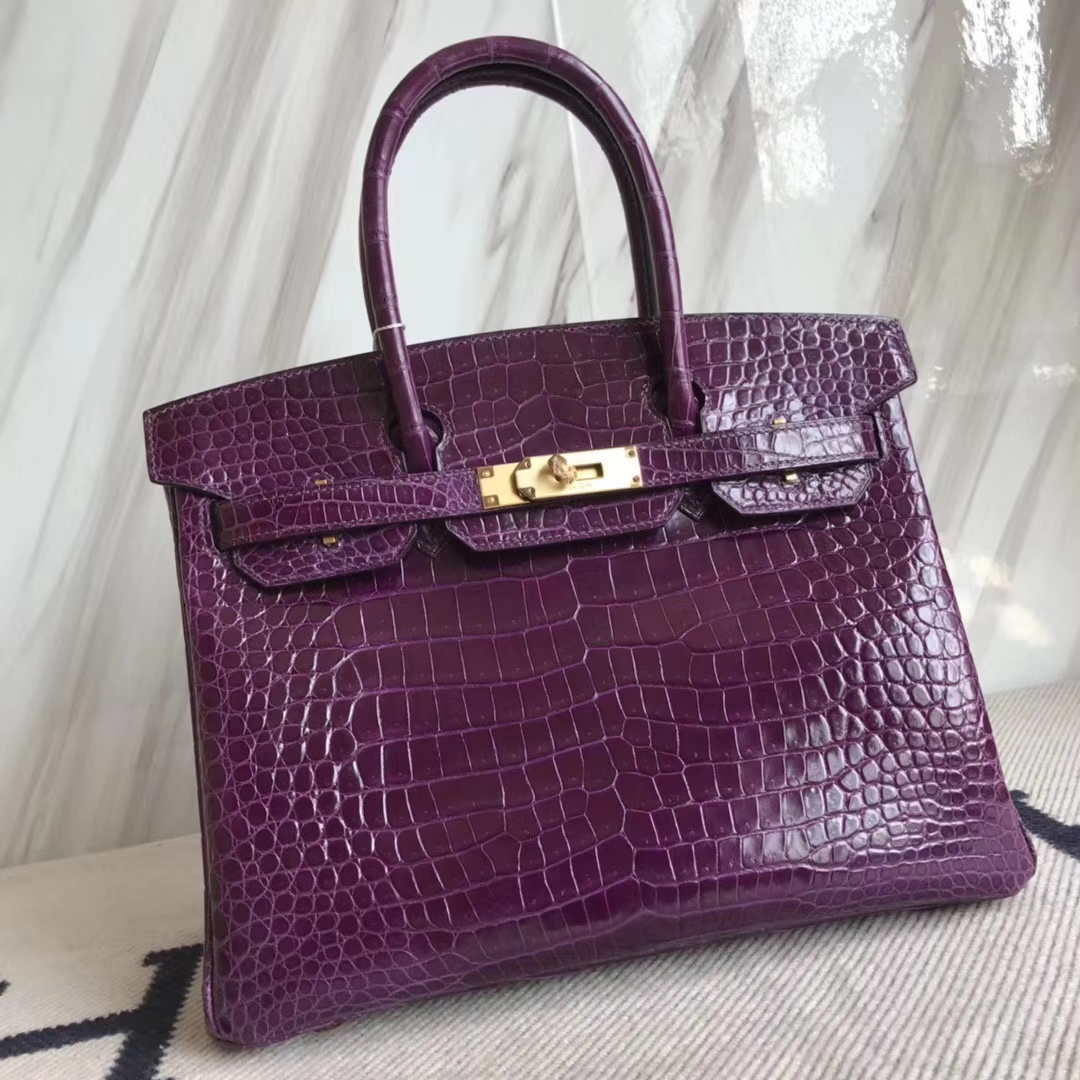 Luxury Hermes 9G Amethyst Purple Shiny Crocodile Leather Birkin30CM Bag Gold Hardware