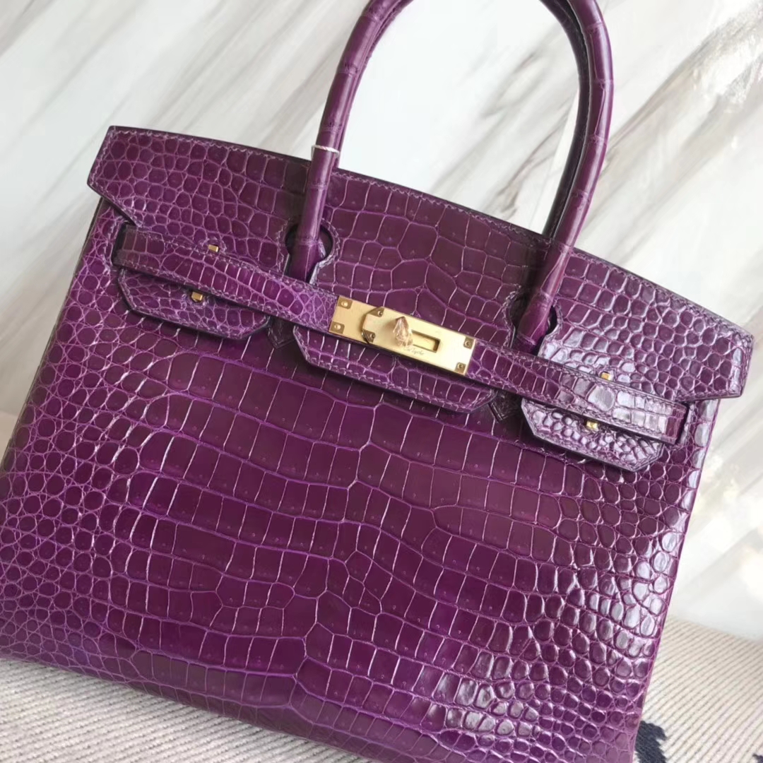 Luxury Hermes 9G Amethyst Purple Shiny Crocodile Leather Birkin30CM Bag Gold Hardware