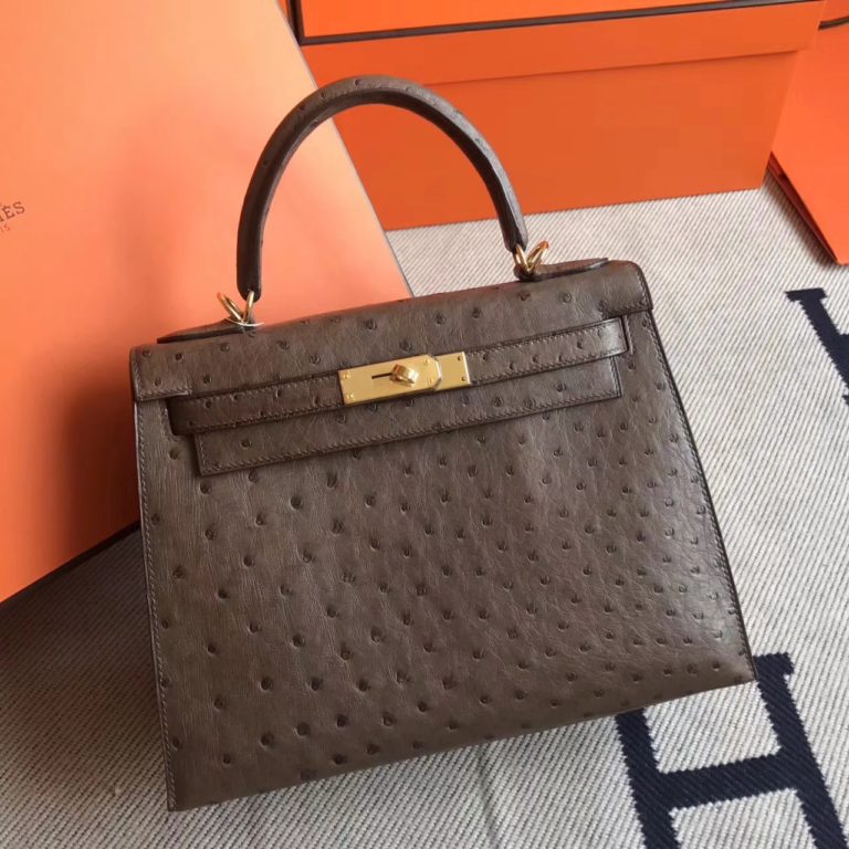 Hermes Ostrich Leather Kelly Bag  28cm in CK 18 Etoupe Grey