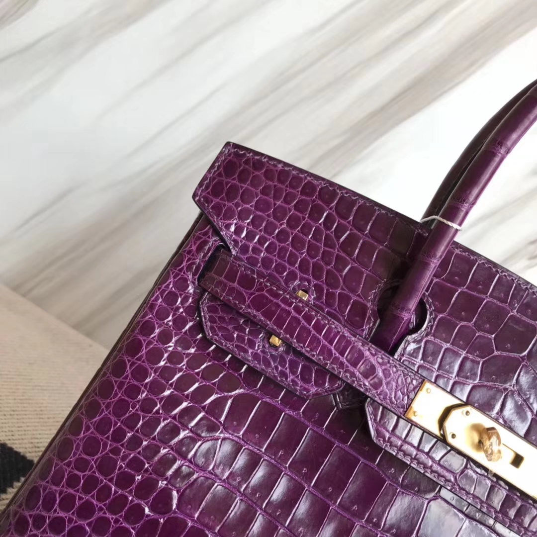 Luxury Hermes 9G Amethyst Purple Shiny Crocodile Leather Birkin30CM Bag Gold Hardware