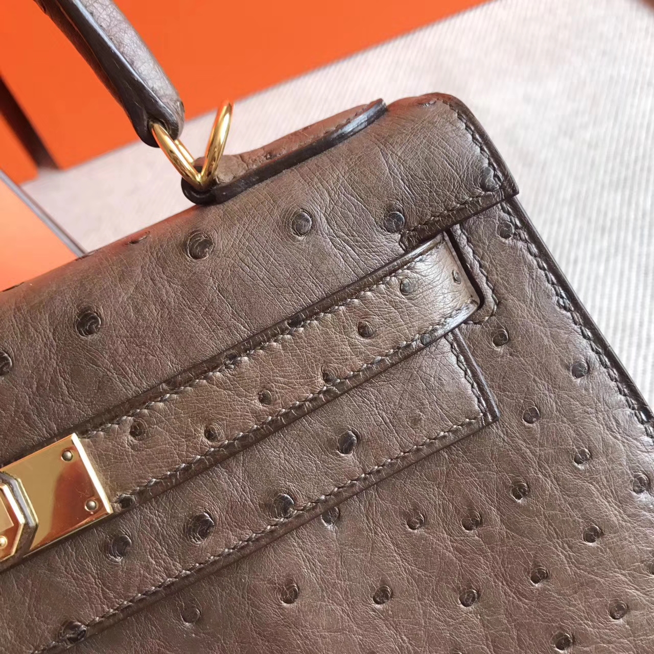 Fashion Hermes Ostrich Leather Kelly Bag 28cm in CK18 Etoupe Grey