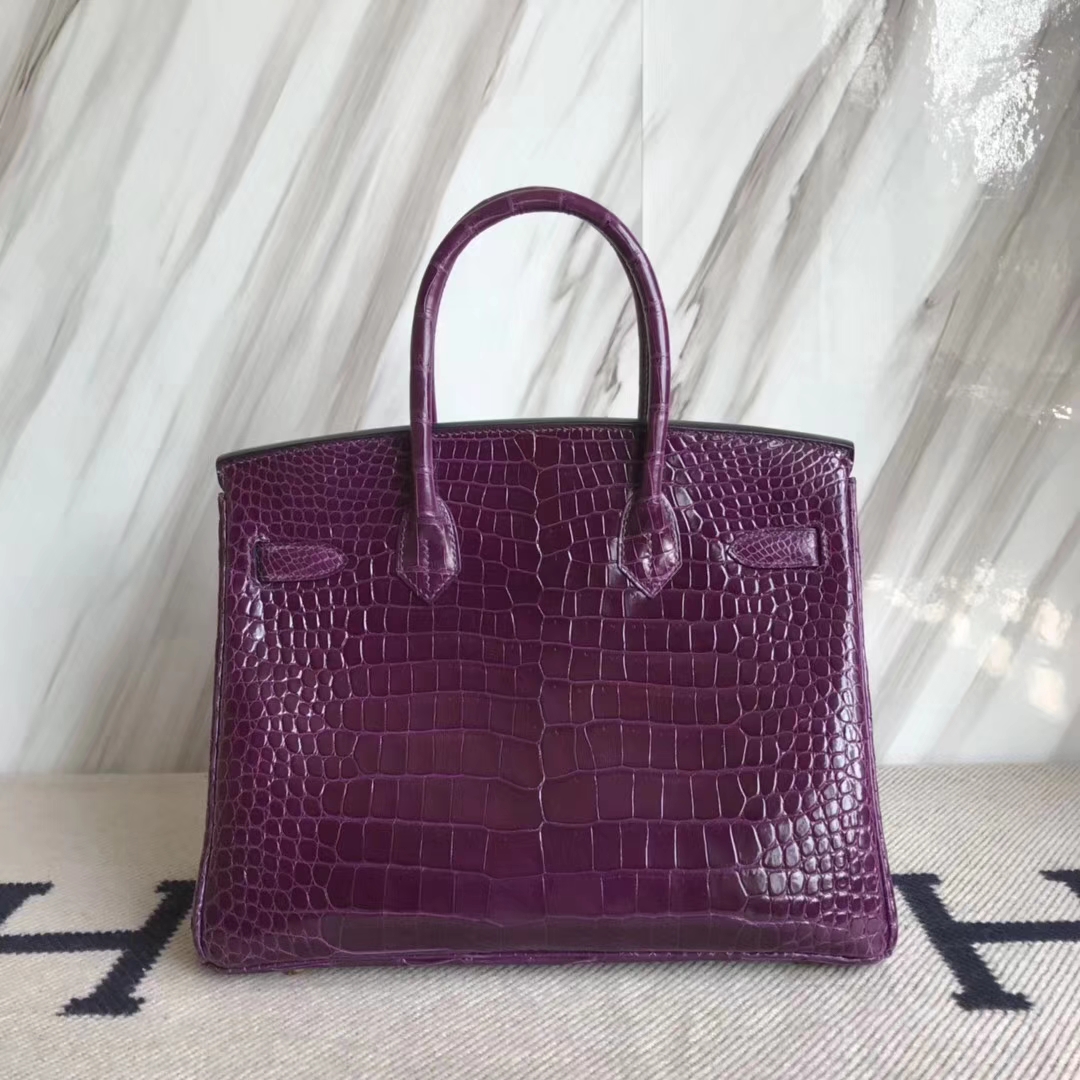 Luxury Hermes 9G Amethyst Purple Shiny Crocodile Leather Birkin30CM Bag Gold Hardware