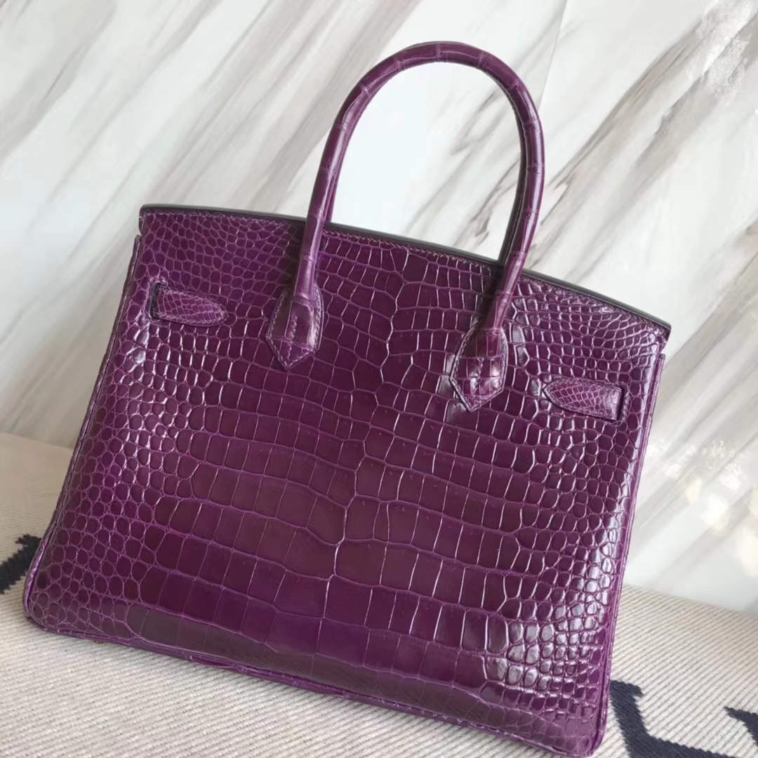 Luxury Hermes 9G Amethyst Purple Shiny Crocodile Leather Birkin30CM Bag Gold Hardware