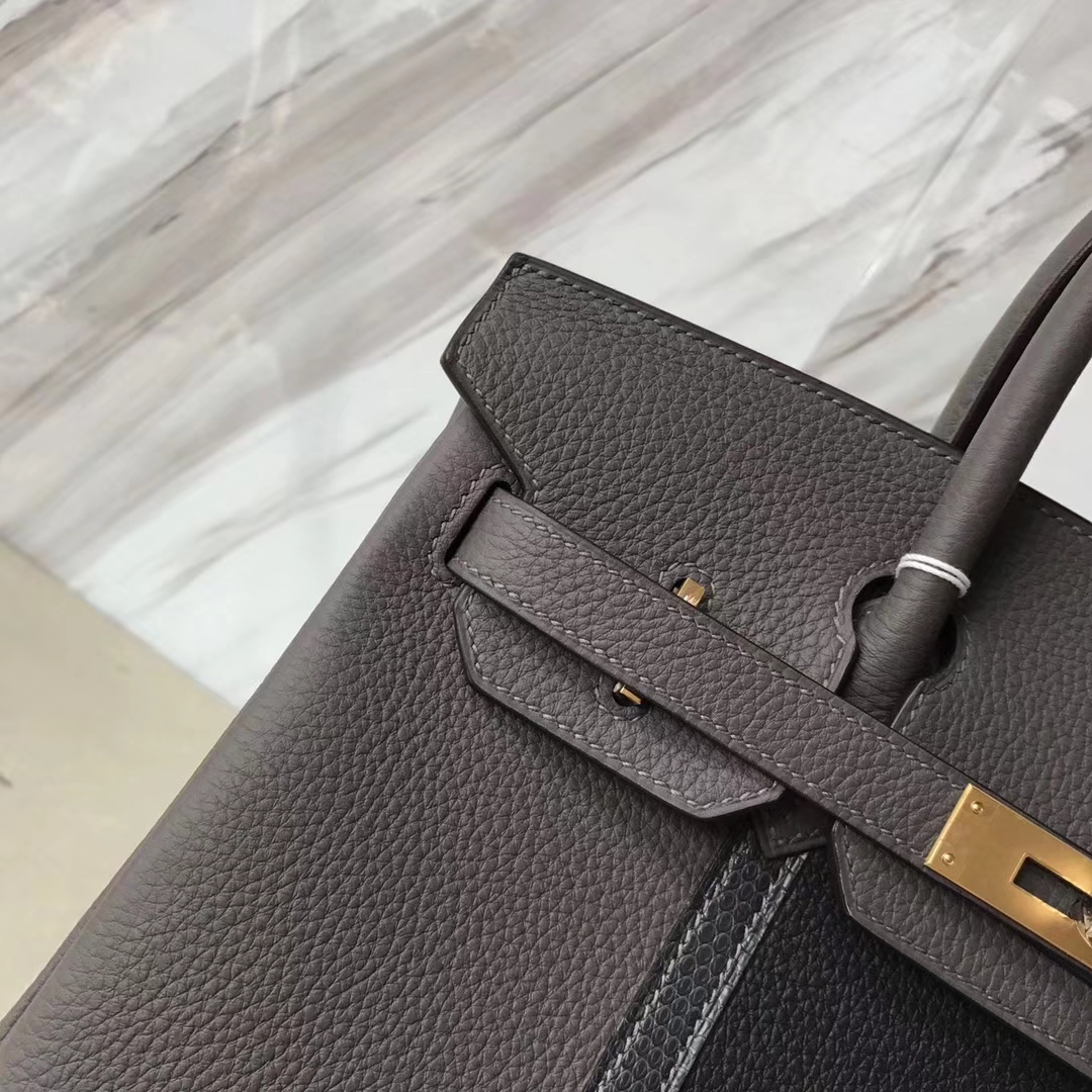 Elegant Hermes 8F Etain Grey/Iron Grey/Graphite Grey Togo Leather Birkin30CM Gold Hardware