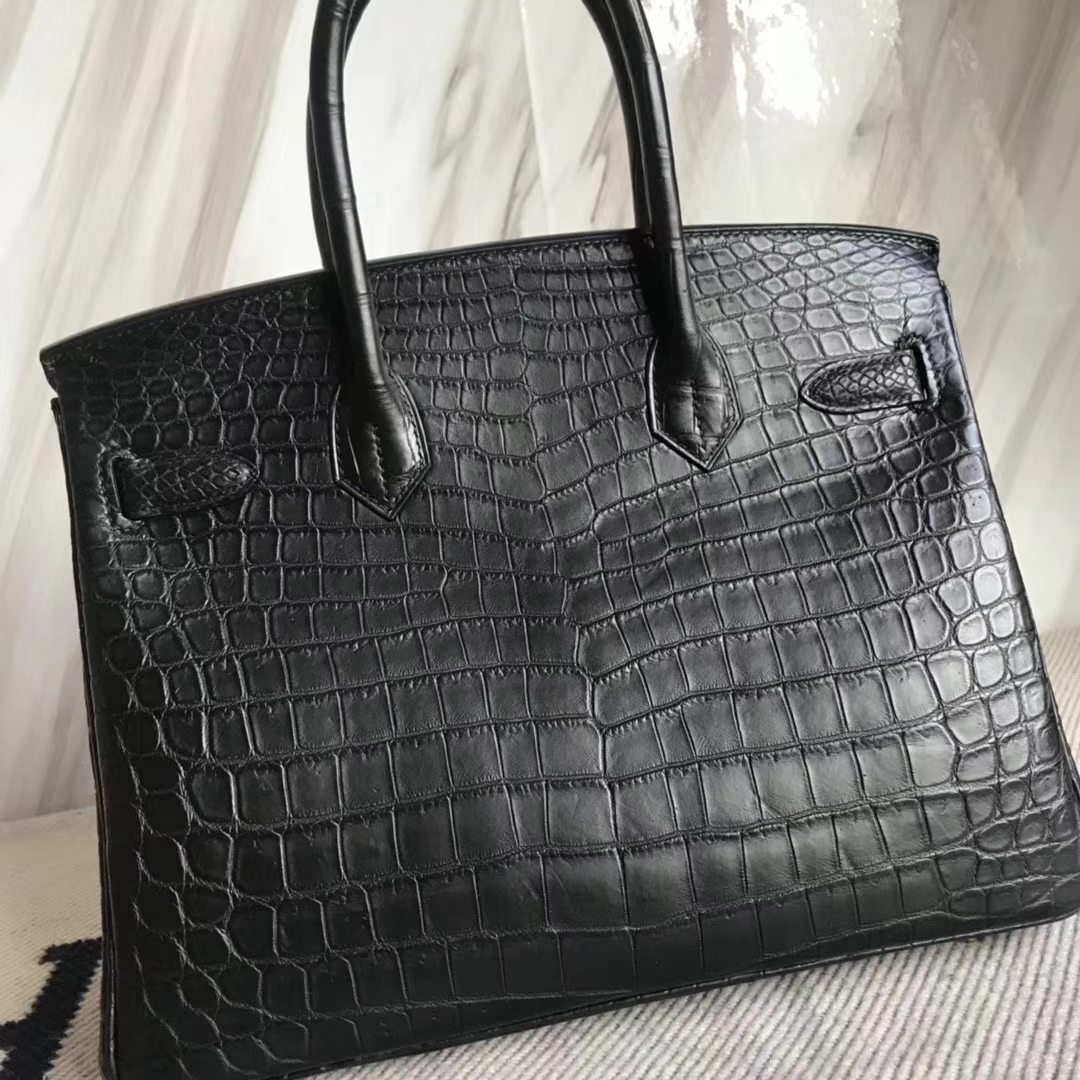 Discount Hermes Crocodile Matt Leather Birkin Bag30CM in CK89 Black Gold Hardware