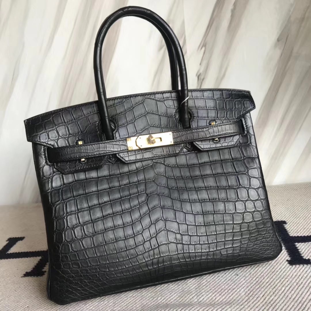 Discount Hermes Crocodile Matt Leather Birkin Bag30CM in CK89 Black Gold Hardware