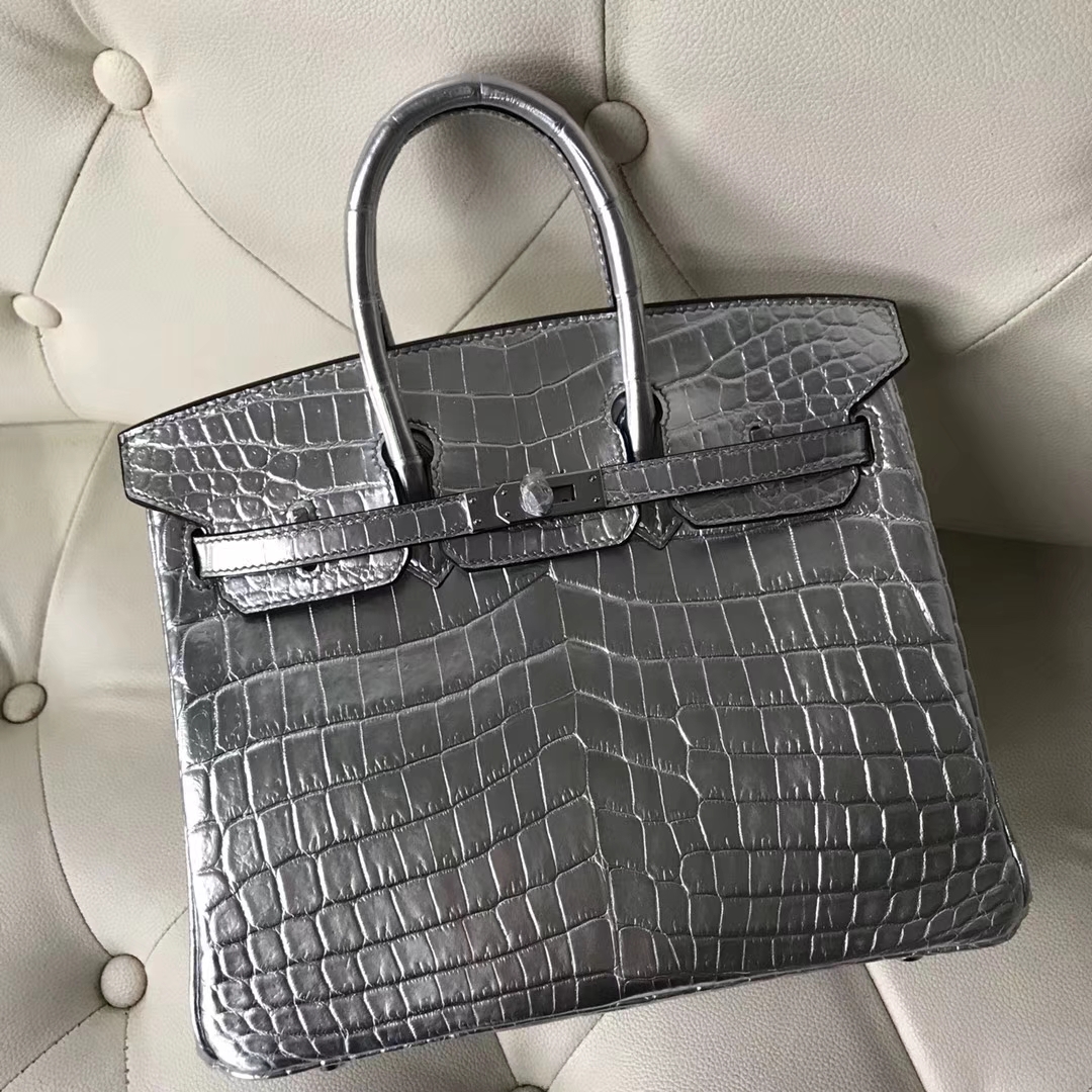 Luxury Hermes Silver Shiny Crocodile Birkin30CM Bag Silver Hardware