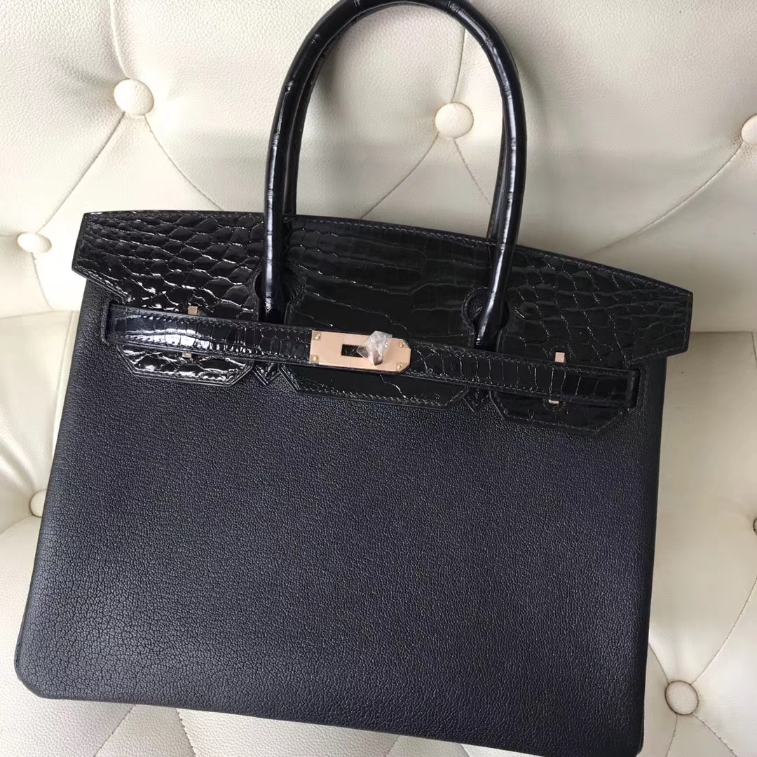 New Hermes CK89 Black Chevre Leather/Crocodile Leather Birkin30CM Rose Gold Hardware