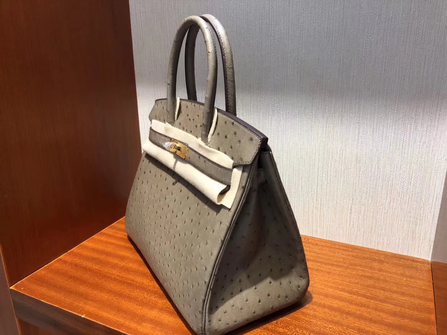 Fashion Hermes KK Ostrich Leather Birkin30CM Tote Bag in CK18 Etoupe Grey Gold Hardware