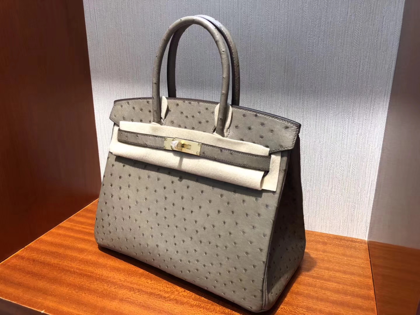 Fashion Hermes KK Ostrich Leather Birkin30CM Tote Bag in CK18 Etoupe Grey Gold Hardware