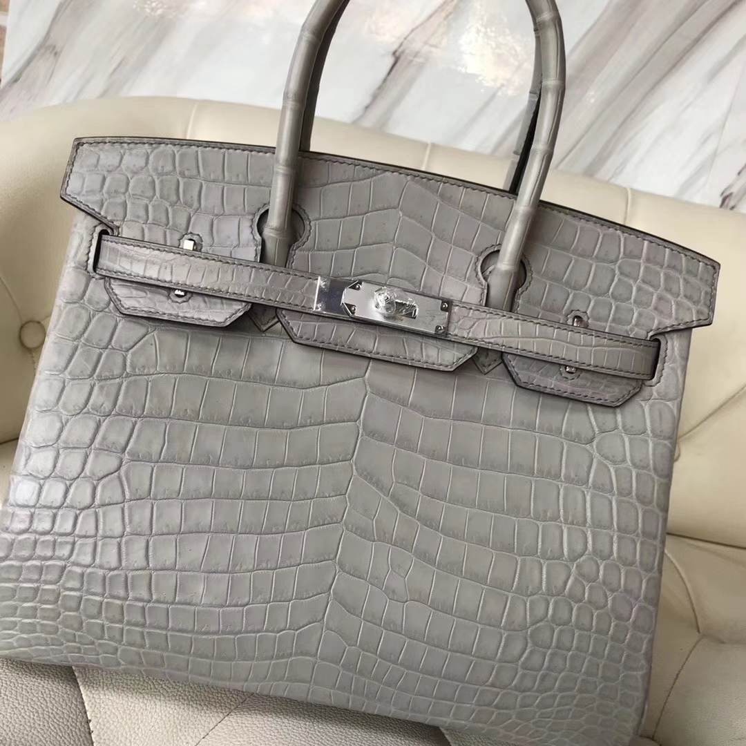 Fashion Hermes 8M Gris Paris Matt Crocodile Leather Birkin Bag30CM Silver Hardware
