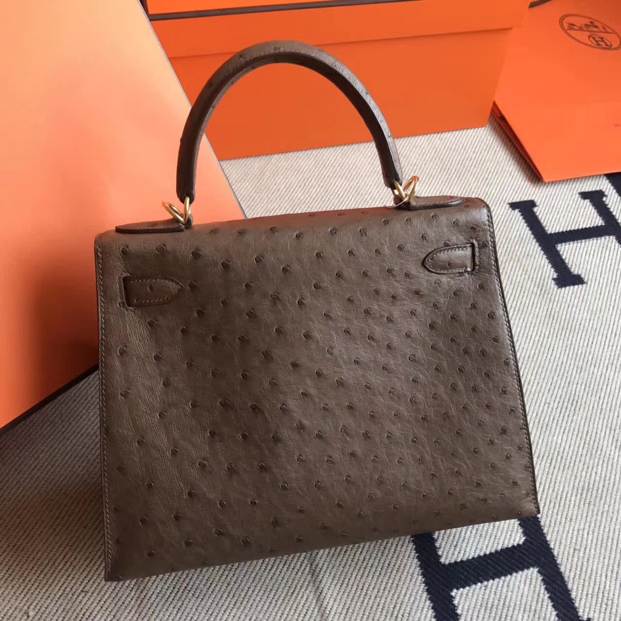 Fashion Hermes Ostrich Leather Kelly Bag 28cm in CK18 Etoupe Grey