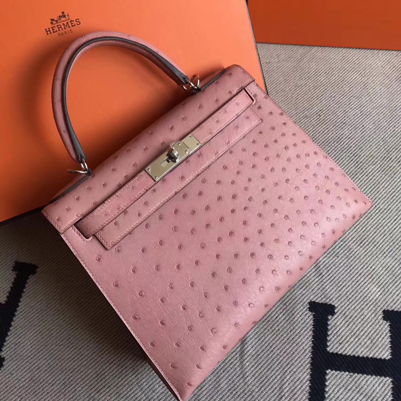 Discount Hermes CC94 Terre Cuite Ostrich Leather Sellier Kelly28cm Handbag