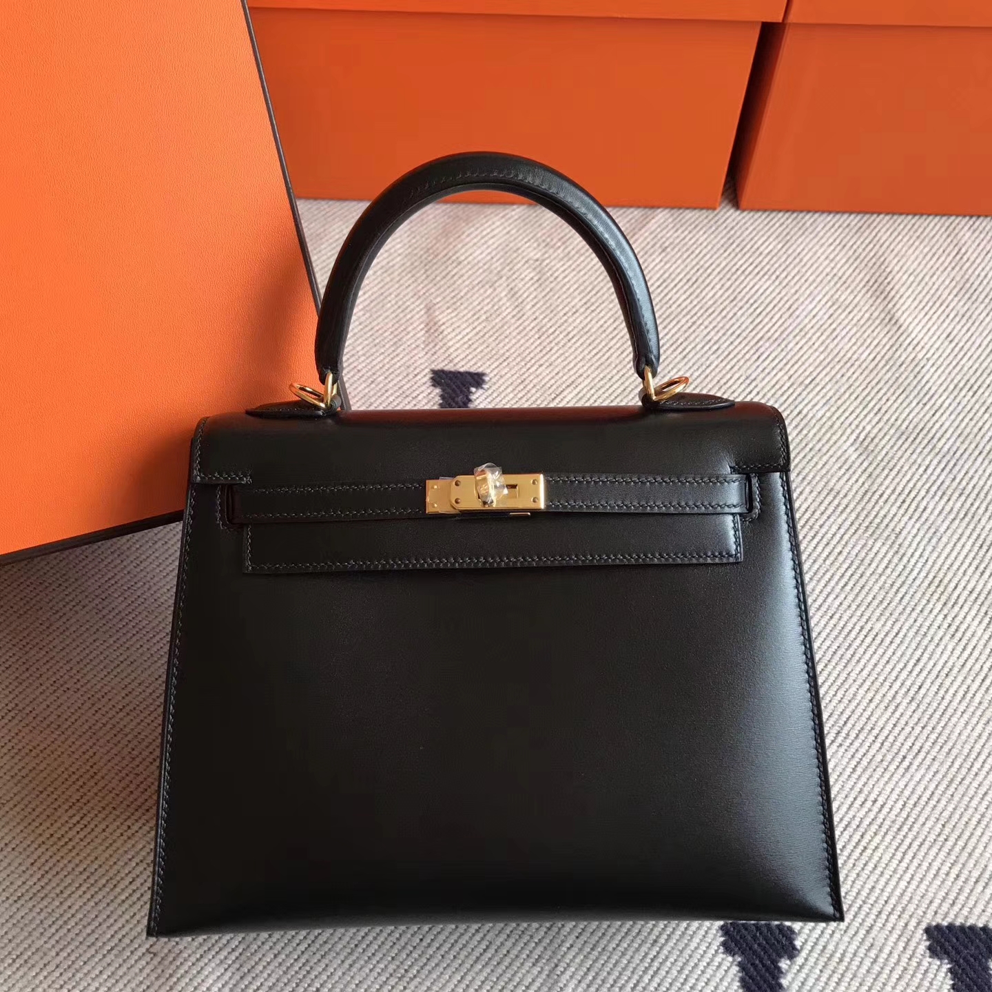 Luxury Hermes CK89 Black Box Calfskin Kelly Bag28cm Gold Hardware