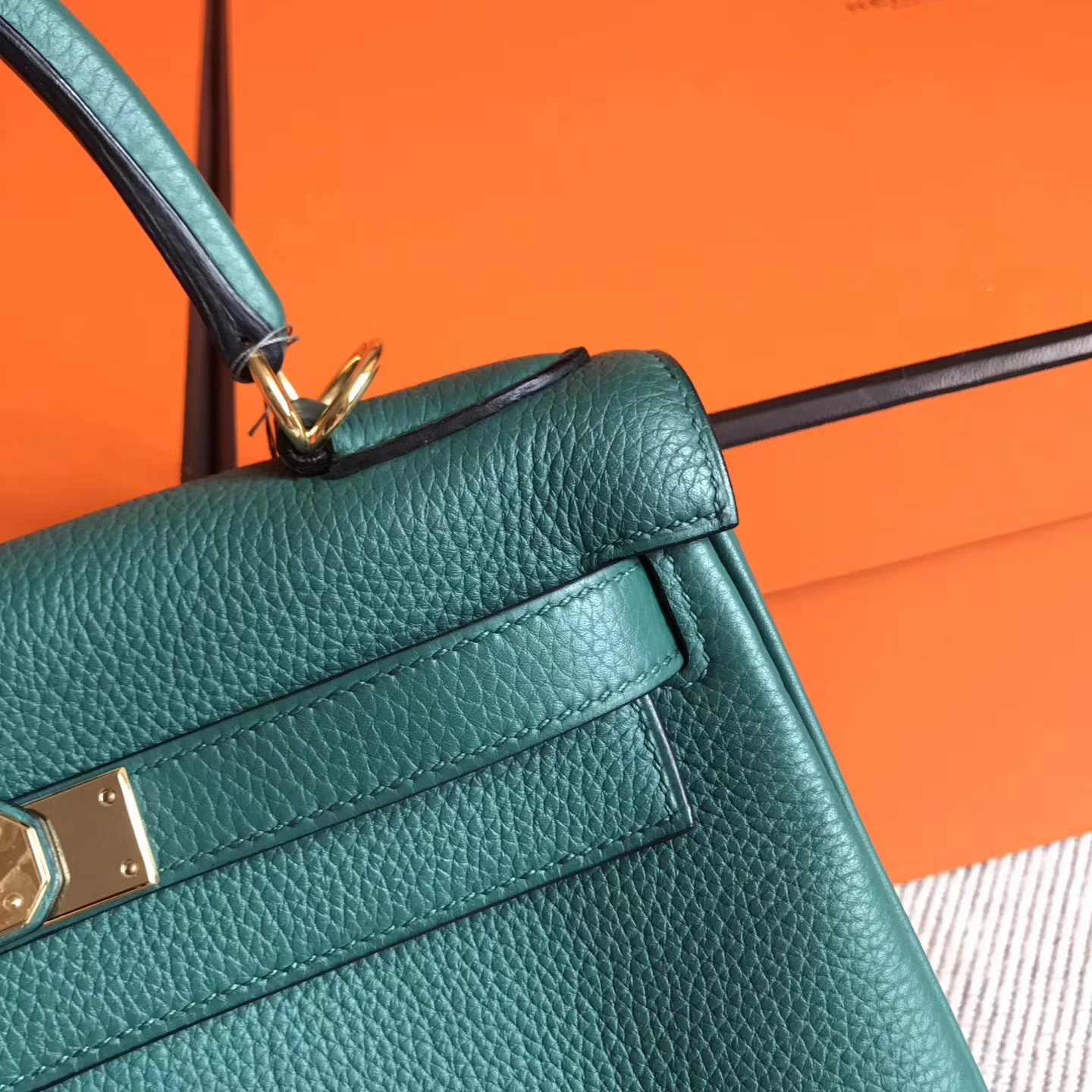 Hand Stitching Hermes Z6 Malachite Green Togo Leather Kelly28CM Tote Bag