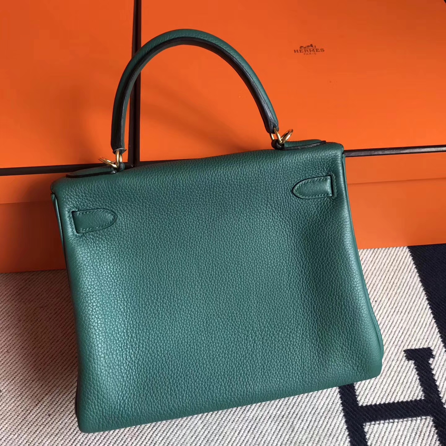 Hand Stitching Hermes Z6 Malachite Green Togo Leather Kelly28CM Tote Bag