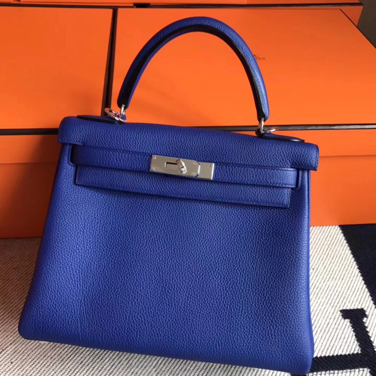 Hermes Togo Leather Kelly 28cm Bag in 7T Blue Electric Silver Hardware