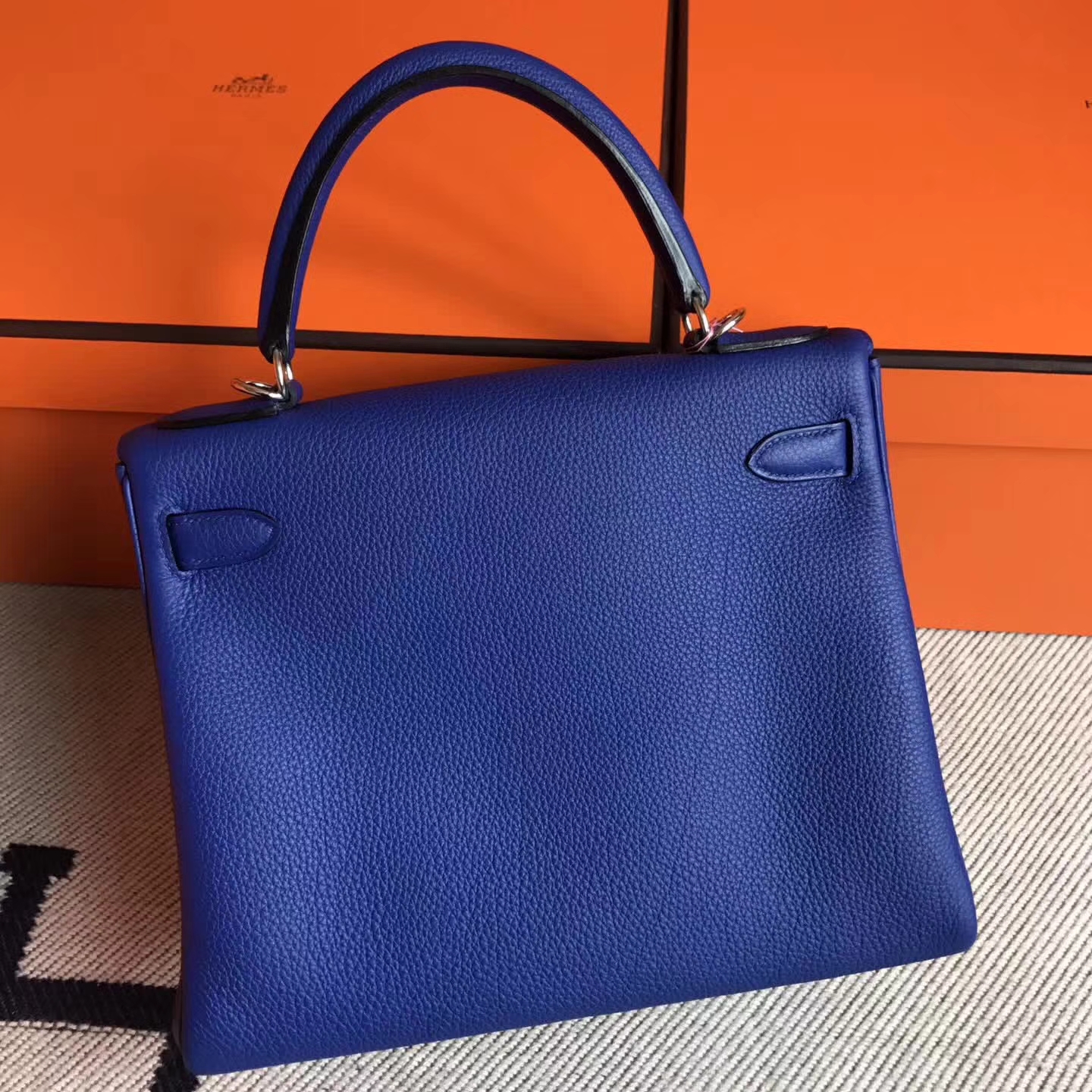 Fashion Hermes Togo Leather Kelly28cm Bag in 7T Blue Electric Silver Hardware