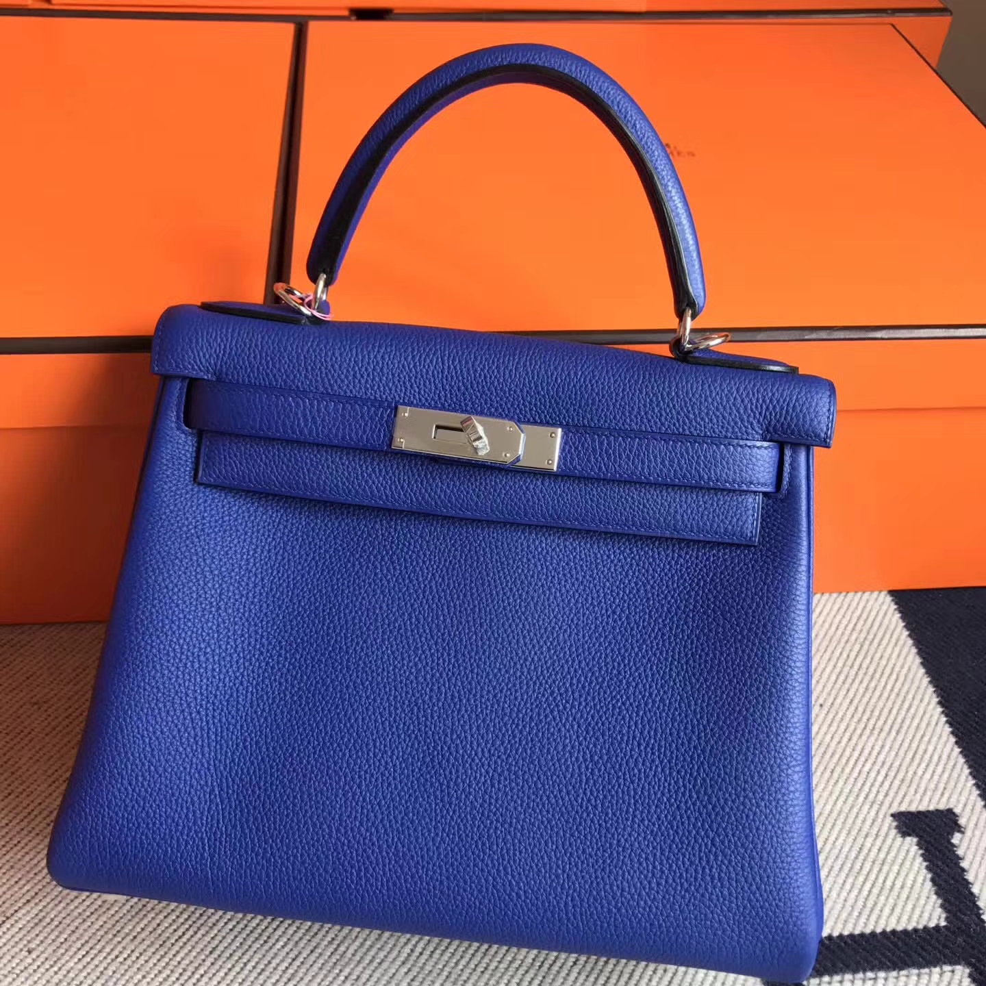 Fashion Hermes Togo Leather Kelly28cm Bag in 7T Blue Electric Silver Hardware