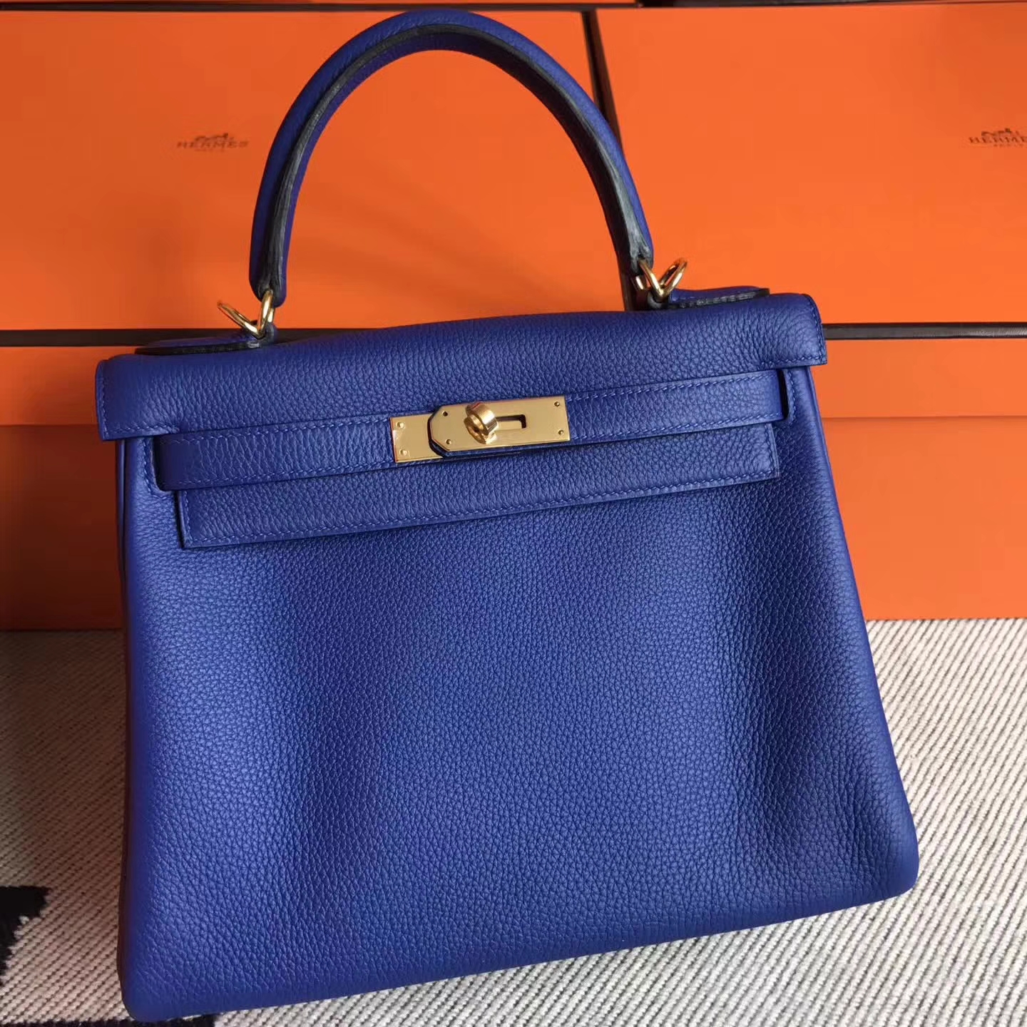 Discount Hermes 7T Blue Electric Togo Leather Kelly Tote Bag28cm Gold Hardware