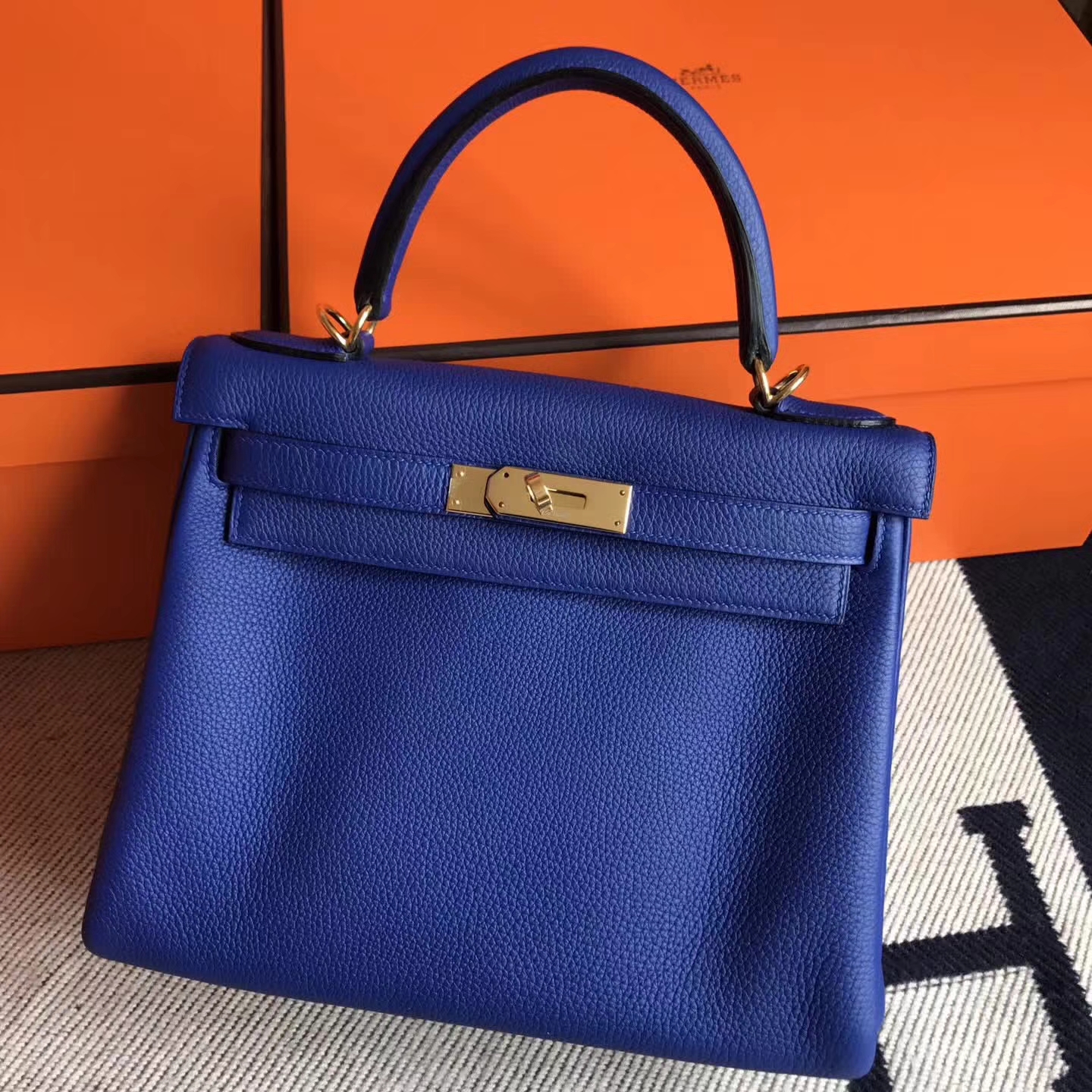 Discount Hermes 7T Blue Electric Togo Leather Kelly Tote Bag28cm Gold Hardware