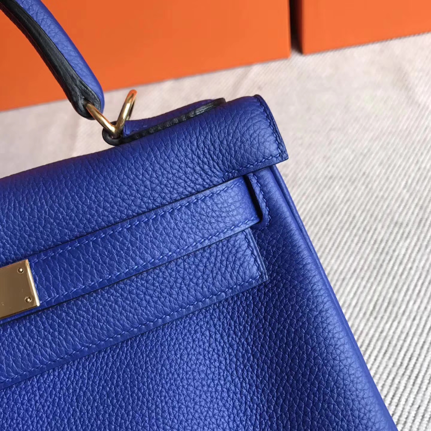 Discount Hermes 7T Blue Electric Togo Leather Kelly Tote Bag28cm Gold Hardware