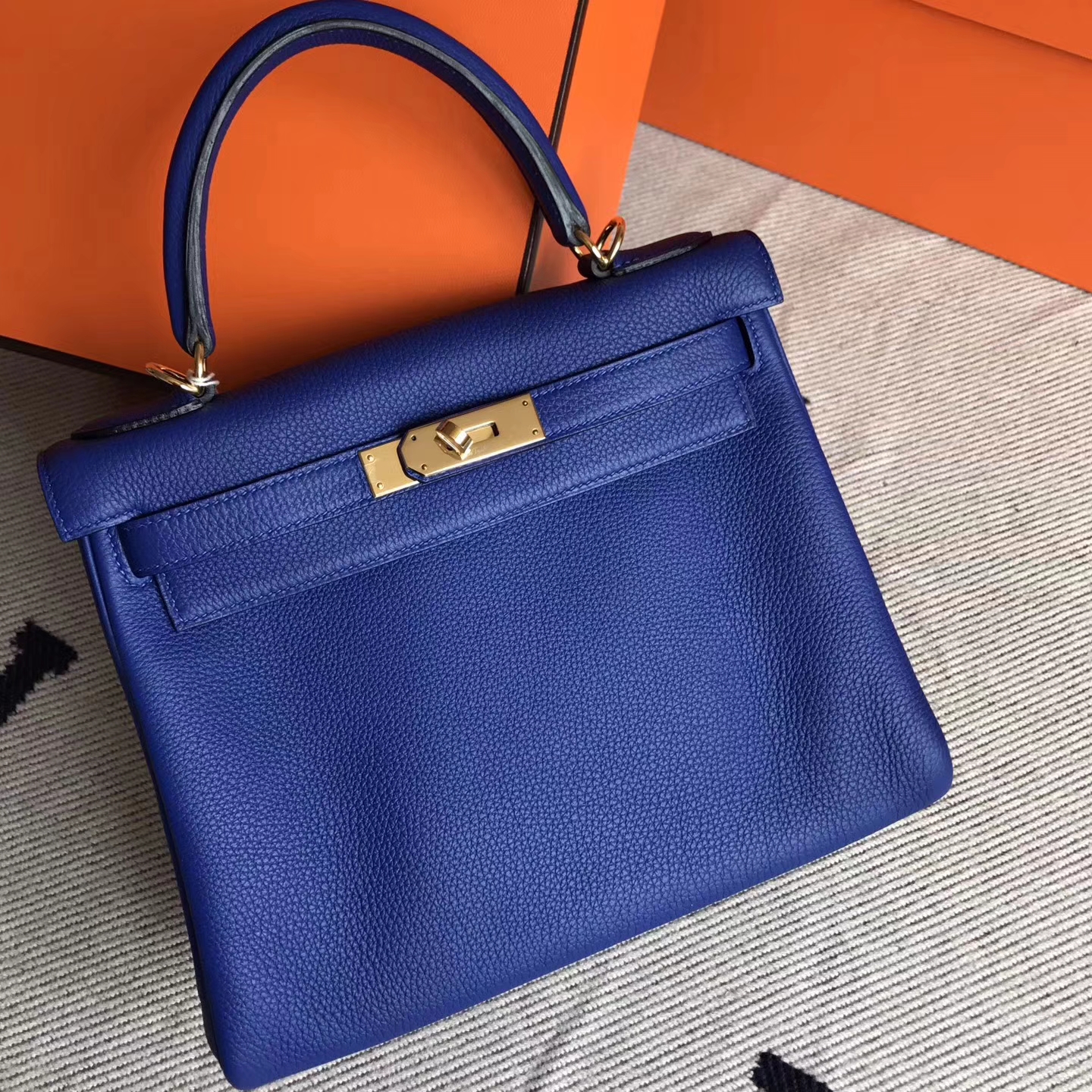 Discount Hermes 7T Blue Electric Togo Leather Kelly Tote Bag28cm Gold Hardware