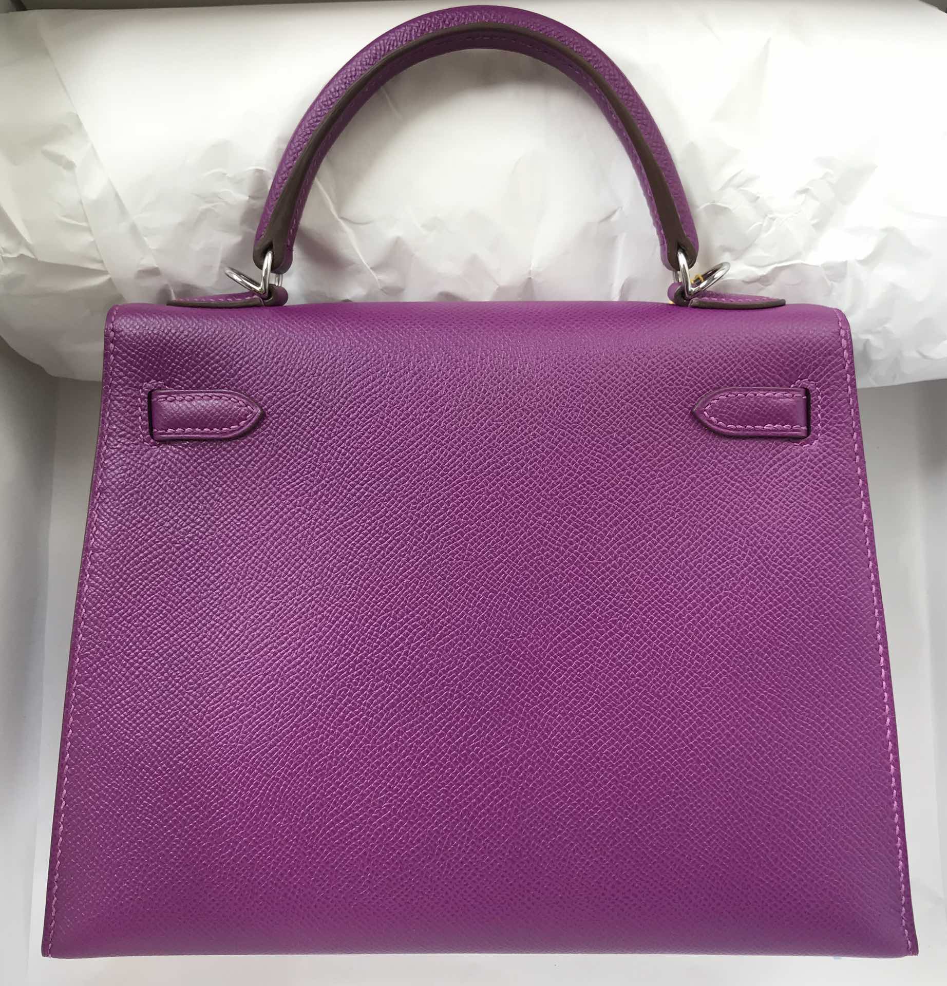 Stock Hermes P9 Anemone Purple Epsom Calf Kelly25CM Bag Silver Hardware