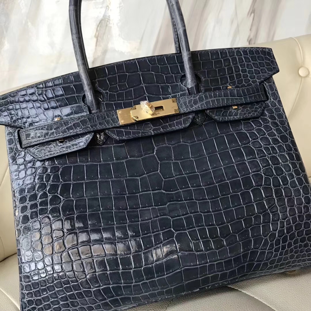 Noble Hermes N7 Blue Tempete Shiny Porosus Crocodile Birkin30CM Bag Gold Hardware