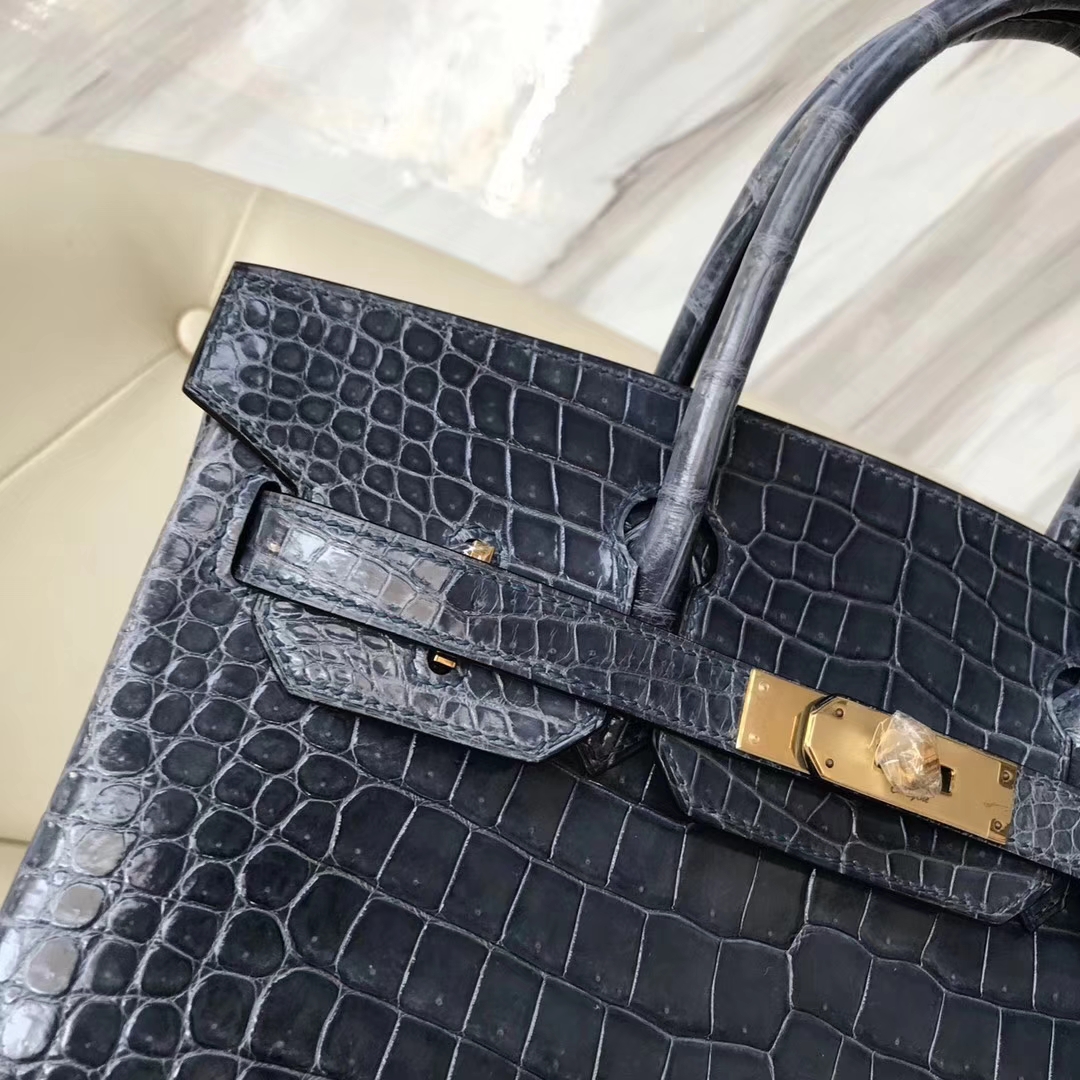 Noble Hermes N7 Blue Tempete Shiny Porosus Crocodile Birkin30CM Bag Gold Hardware