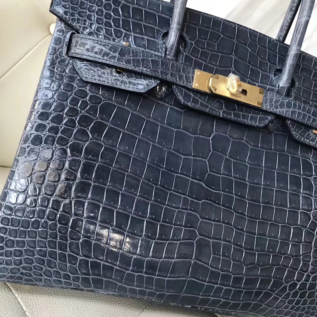 Noble Hermes N7 Blue Tempete Shiny Porosus Crocodile Birkin30CM Bag Gold Hardware
