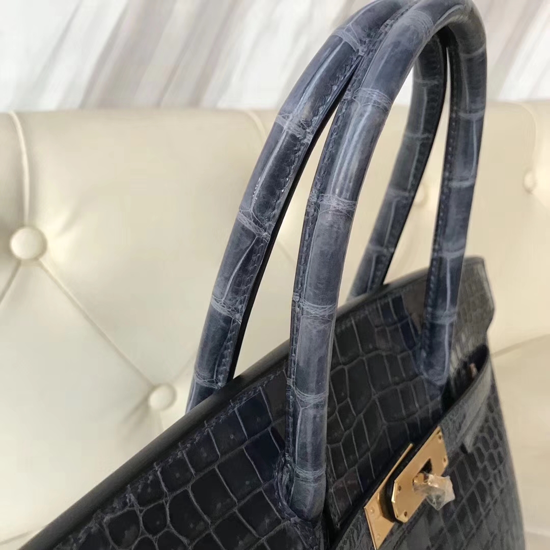 Noble Hermes N7 Blue Tempete Shiny Porosus Crocodile Birkin30CM Bag Gold Hardware