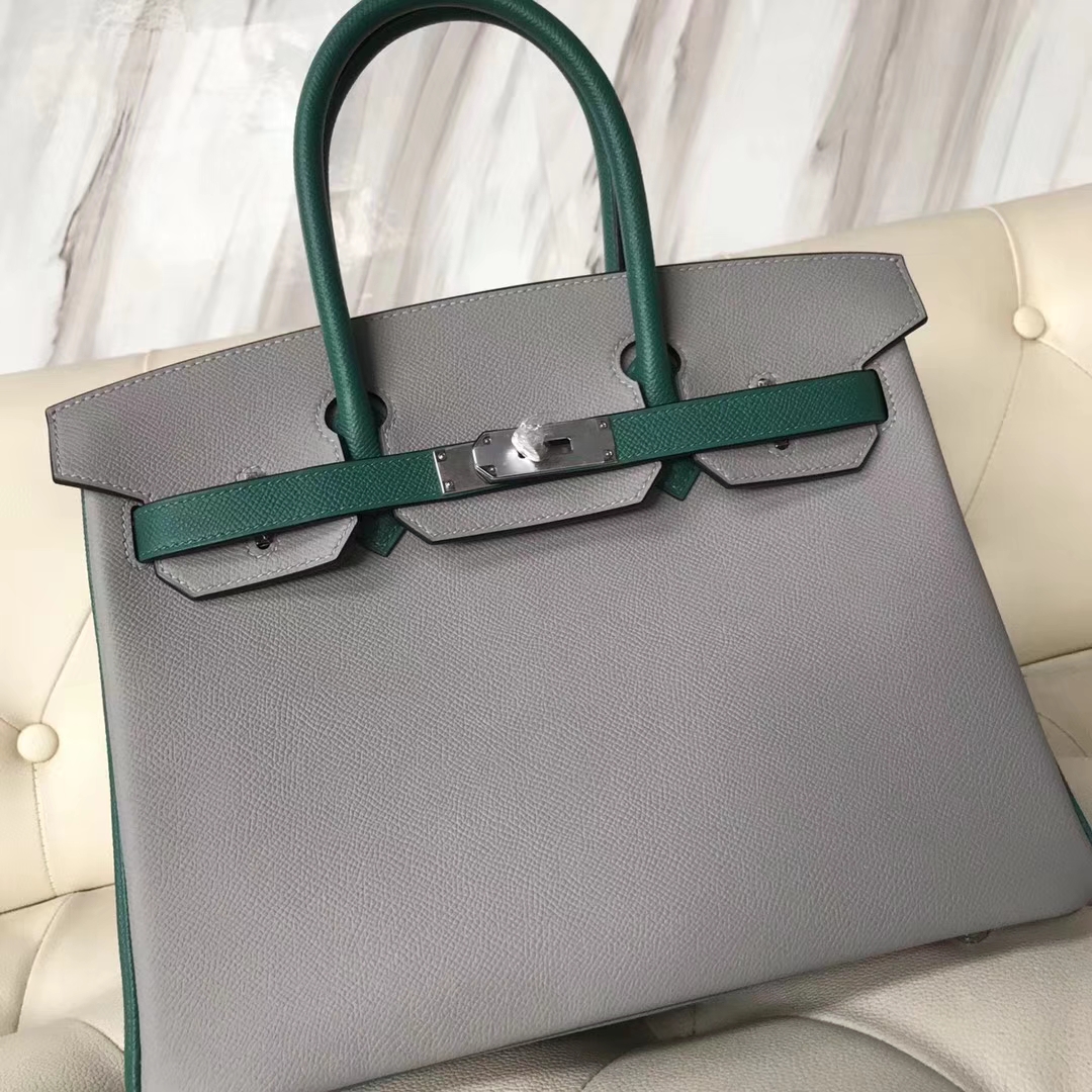 Fashion Hermes 4Z Gris Mouette/Z6 Malachite Green Epsom Calf Birkin30CM Silver Hardware