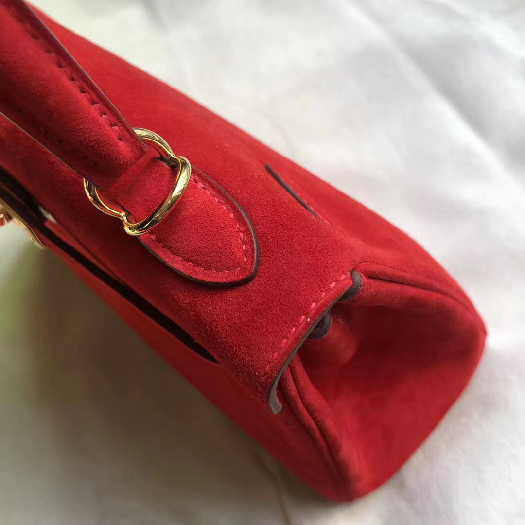 Discount Hermes Q5 Rouge Casaque Suede Leather Kelly Bag25CM Gold Hardware