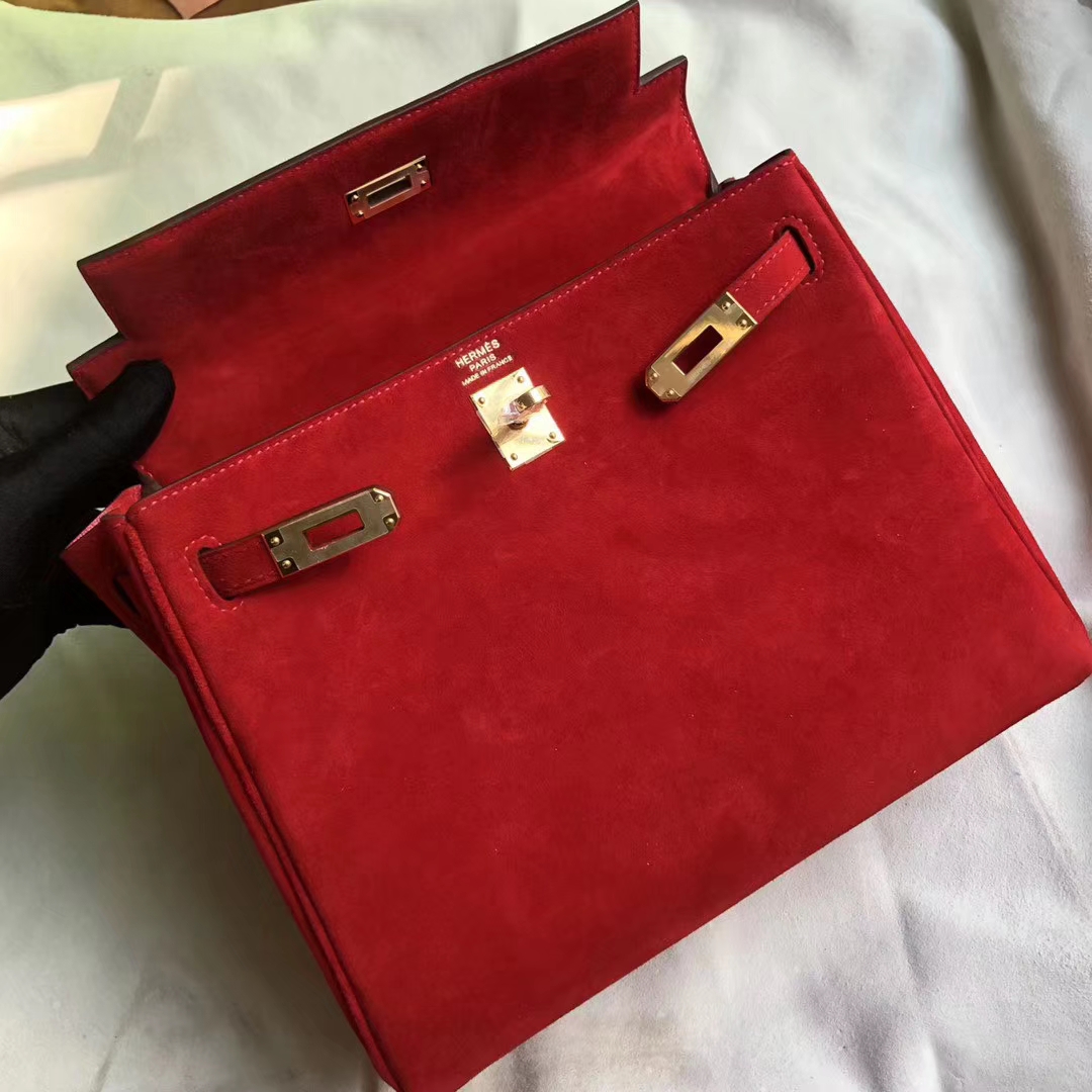 Discount Hermes Q5 Rouge Casaque Suede Leather Kelly Bag25CM Gold Hardware