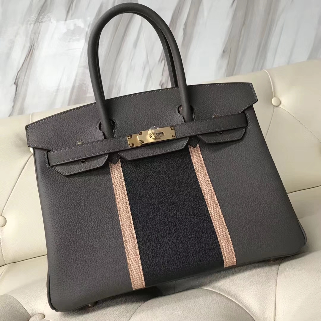 Fashion Hermes 8F Etain Grey/Graphite Togo &#038; Apricot Lizard Birkin30CM Bag Gold Hardware