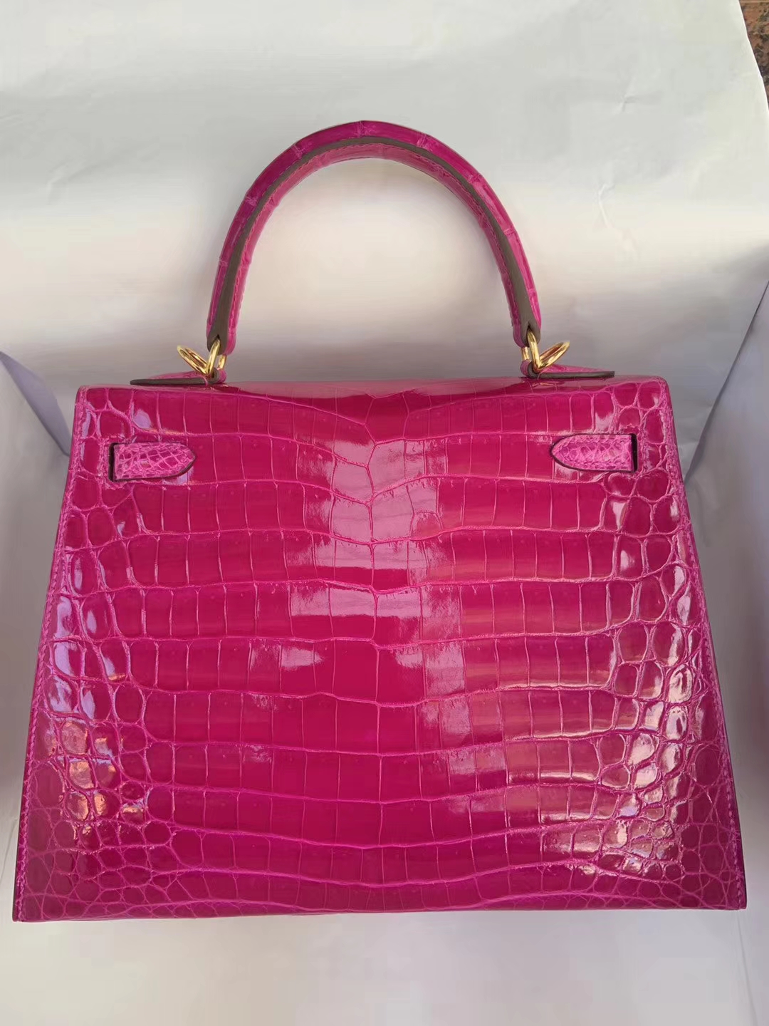 Luxury Hermes J5 Rose Scheherazade Crocodile Shiny Kelly25CM Bag Gold Hardware