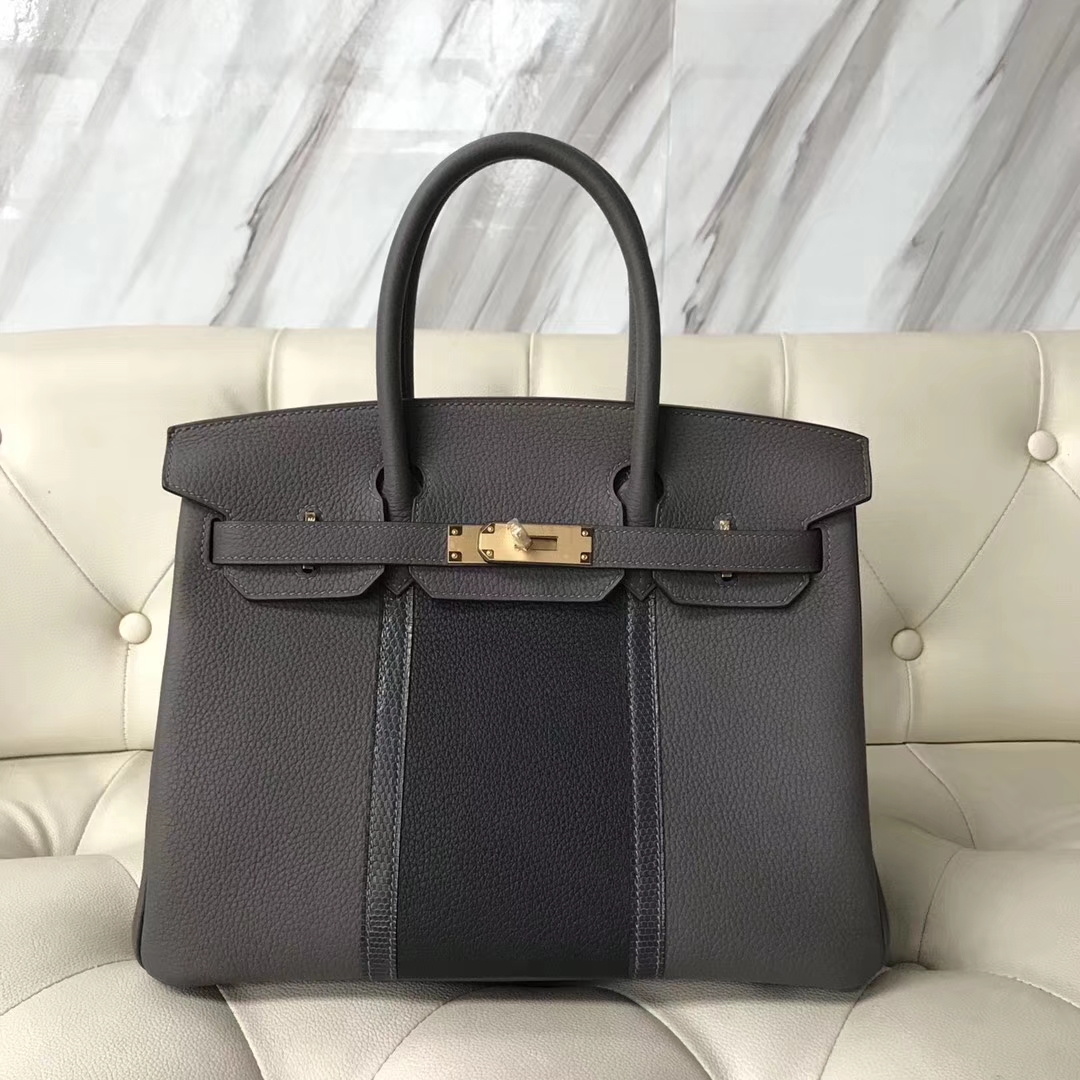 Sale Hermes Birkin Bag30CM Etain Grey/Graphite Grey Togo &#038; Iron Grey Lizard Leather