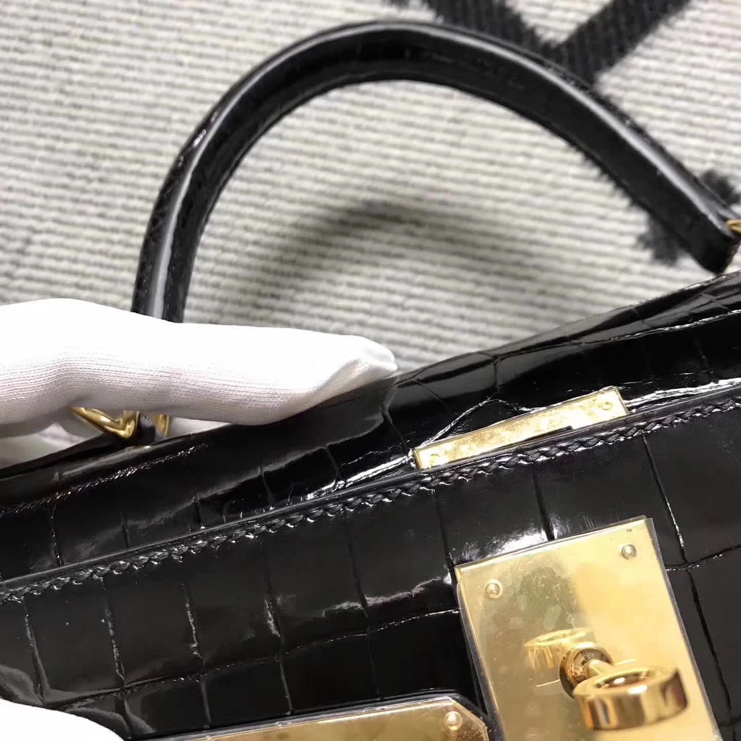 Hermes CK89 Black Crocodile Shiny Leather Kelly28cm Bag Gold Hardware