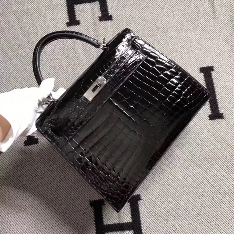 Hermes Kelly Tote Bag CK89 Black Crocodile Leather Silver Hardware