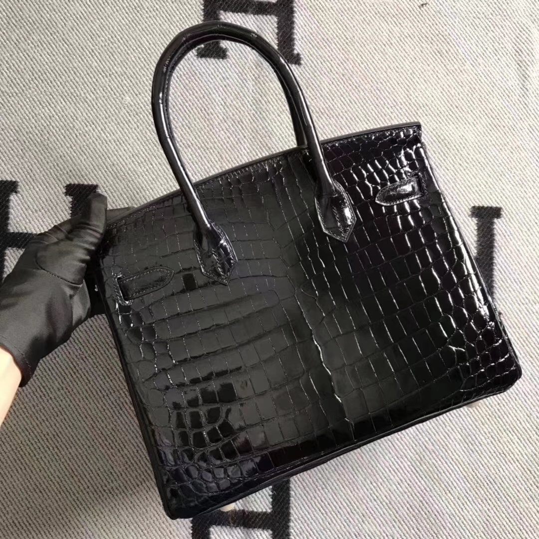 Hermes Classic Bag Black Shiny Crocodile Leather Birkin Bag30CM Gold Hardware
